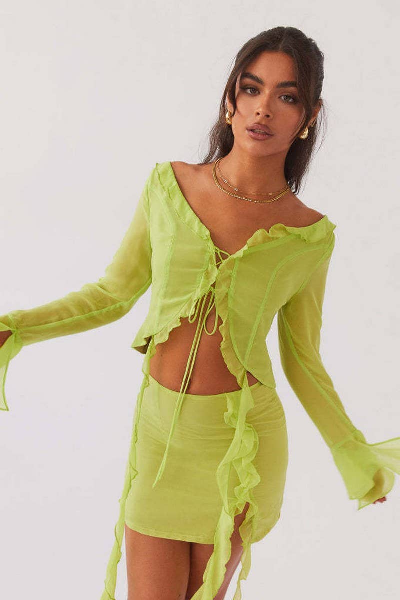 CWSTB2031_RUFFLE FRINGE LONG SLEEVE BODYCON SKIRT SET