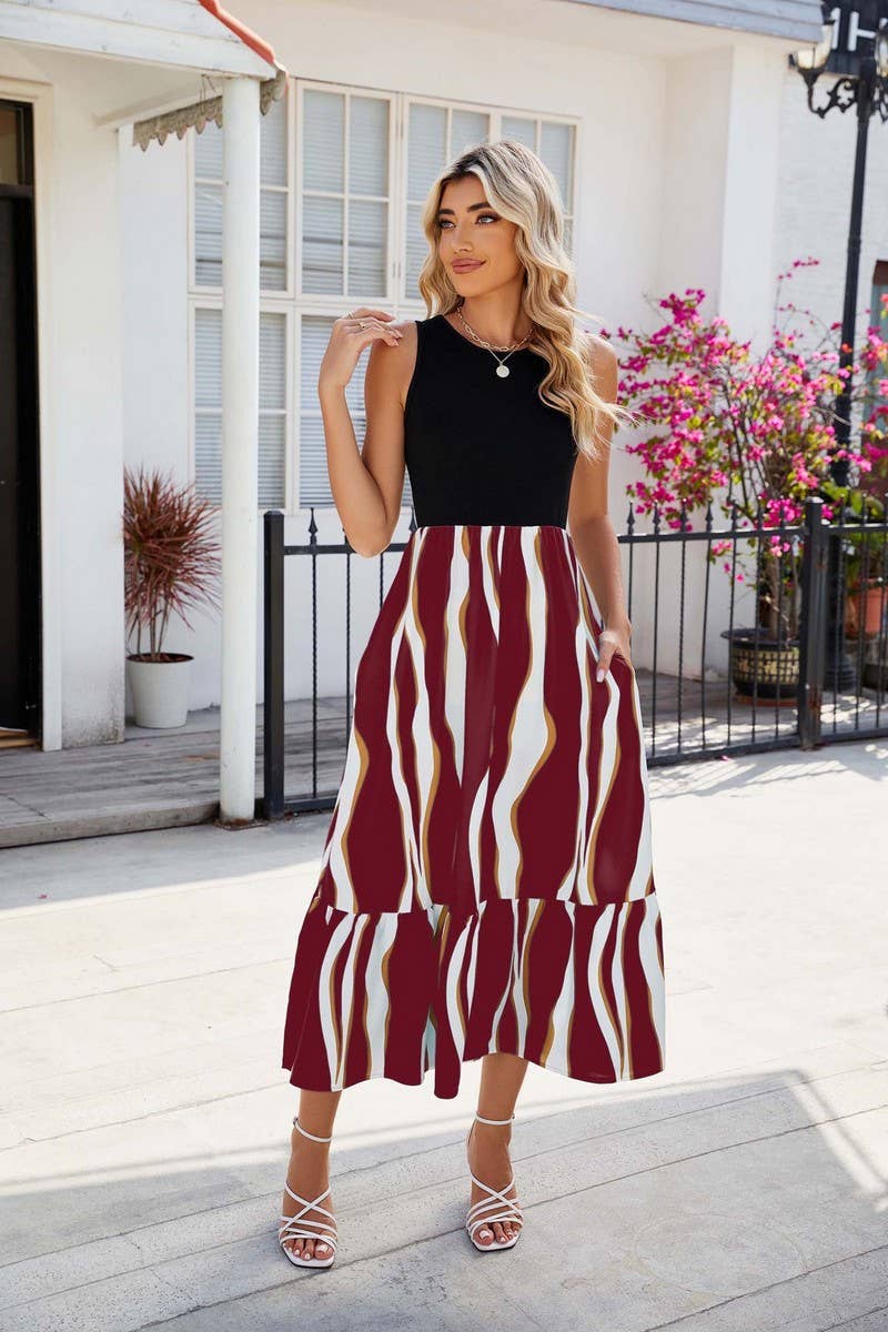 CWDMD1393_Round Neck Sleeveless Contrast Dress