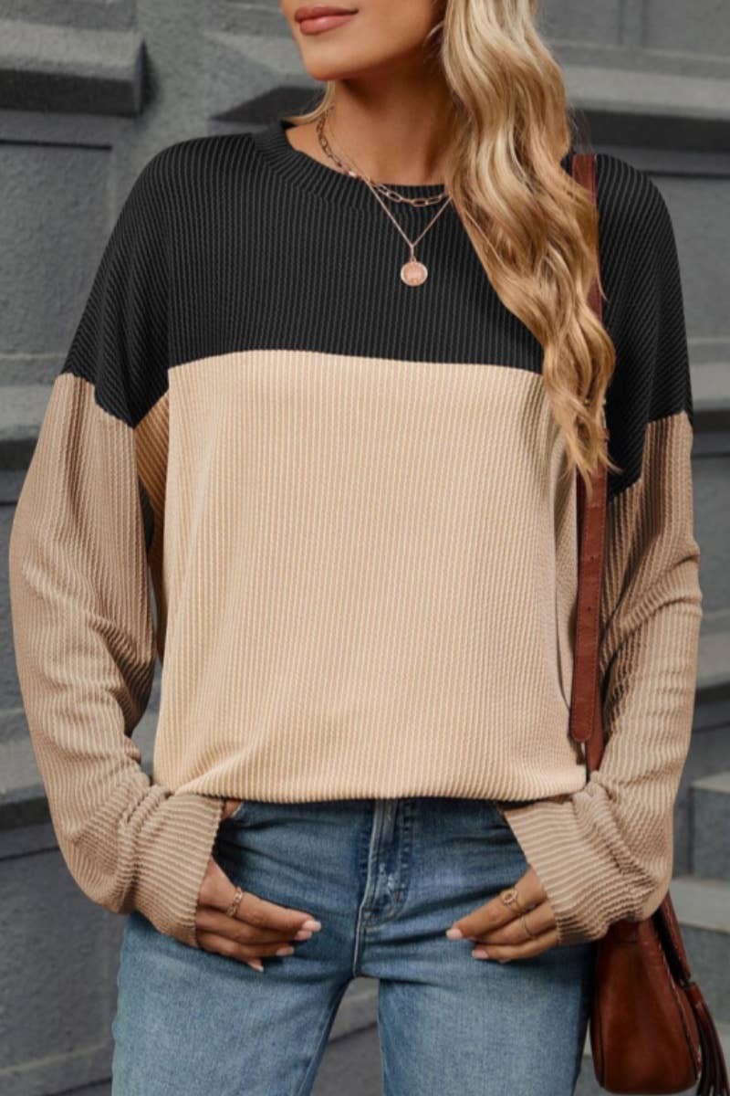 CWTBLL1885_FALL CREW NECK LONG SLEEVE COLOR CONTRAST TOP
