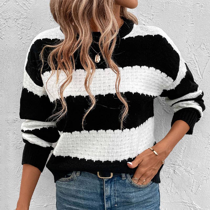 CREW-NECK BLACK AND WHITE STRIPED SWEATER