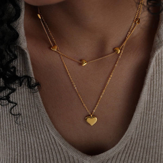 HEART SHAPED DOUBLE LAYER TITANIUM STEEL NECKLACE