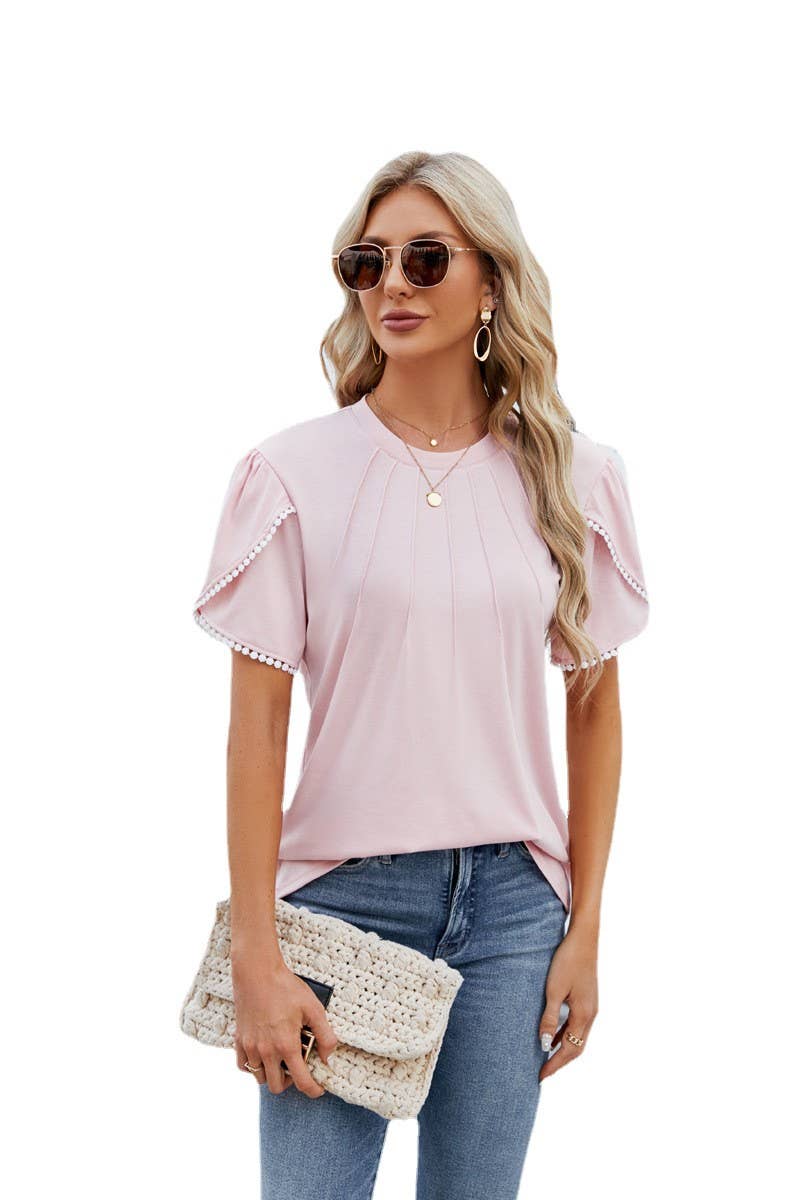 CWTBLS0882_RUFFLED BLOUSE WITH STRETCH PEARL PETAL SLEEVES