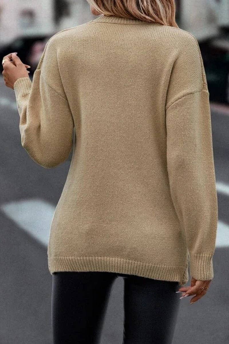 CWOSWL6535_SOLID COLOR V-NECK CROSS JACQUARD CASUAL SWEATER