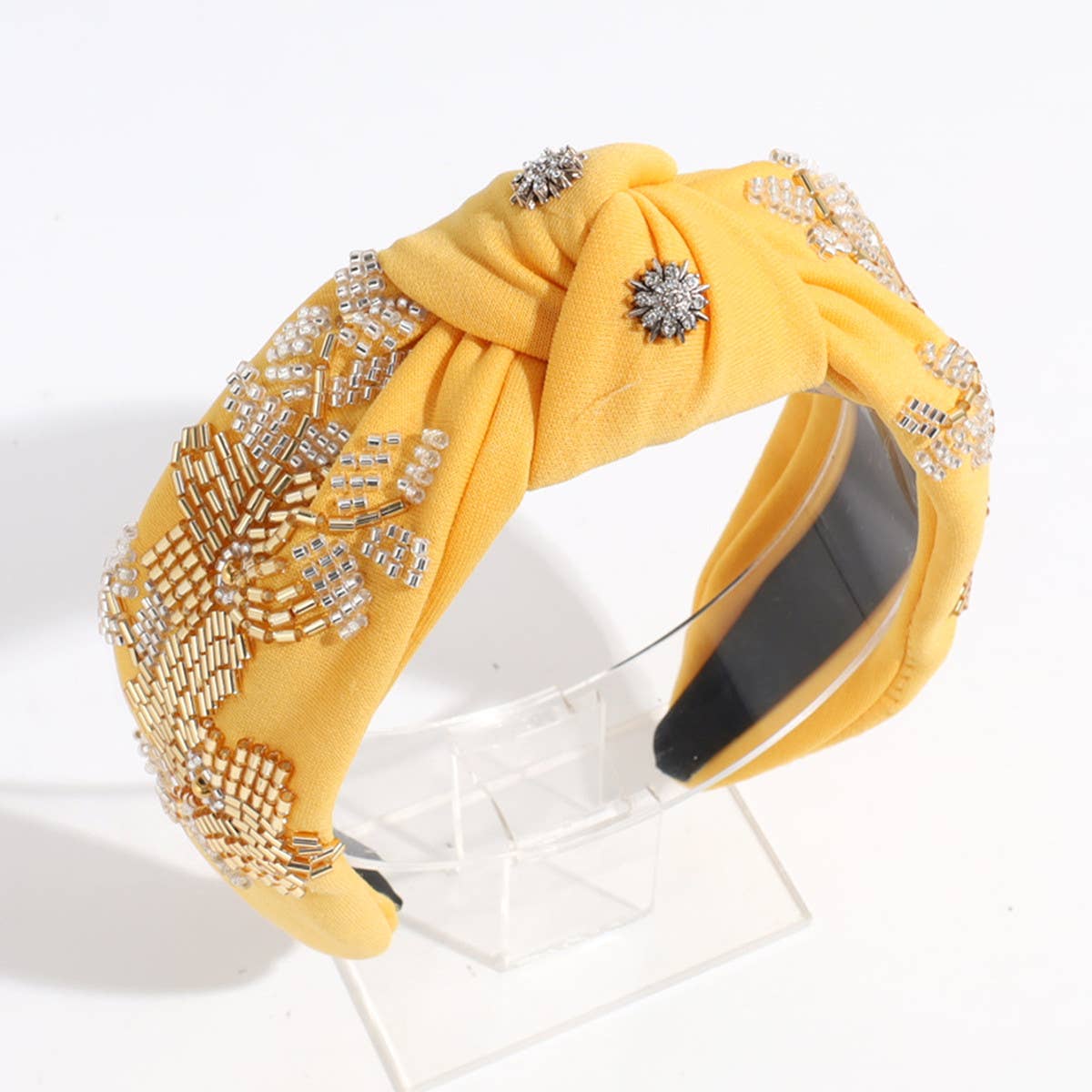 RHINESTONE RICE BEADS KNOTTED WIDE BRIM HEADBAND