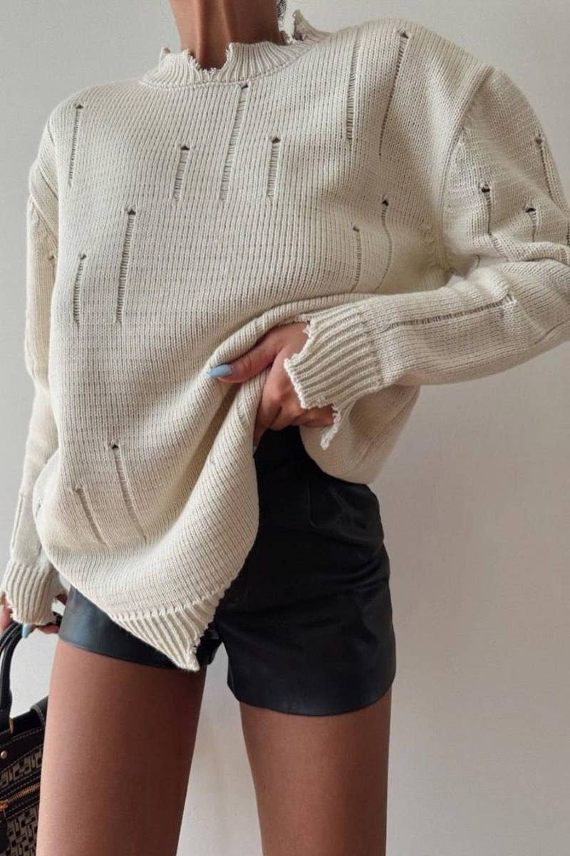 CWOSWL6525_WINTER RIPPED LONG-SLEEVED CREW-NECK SWEATER