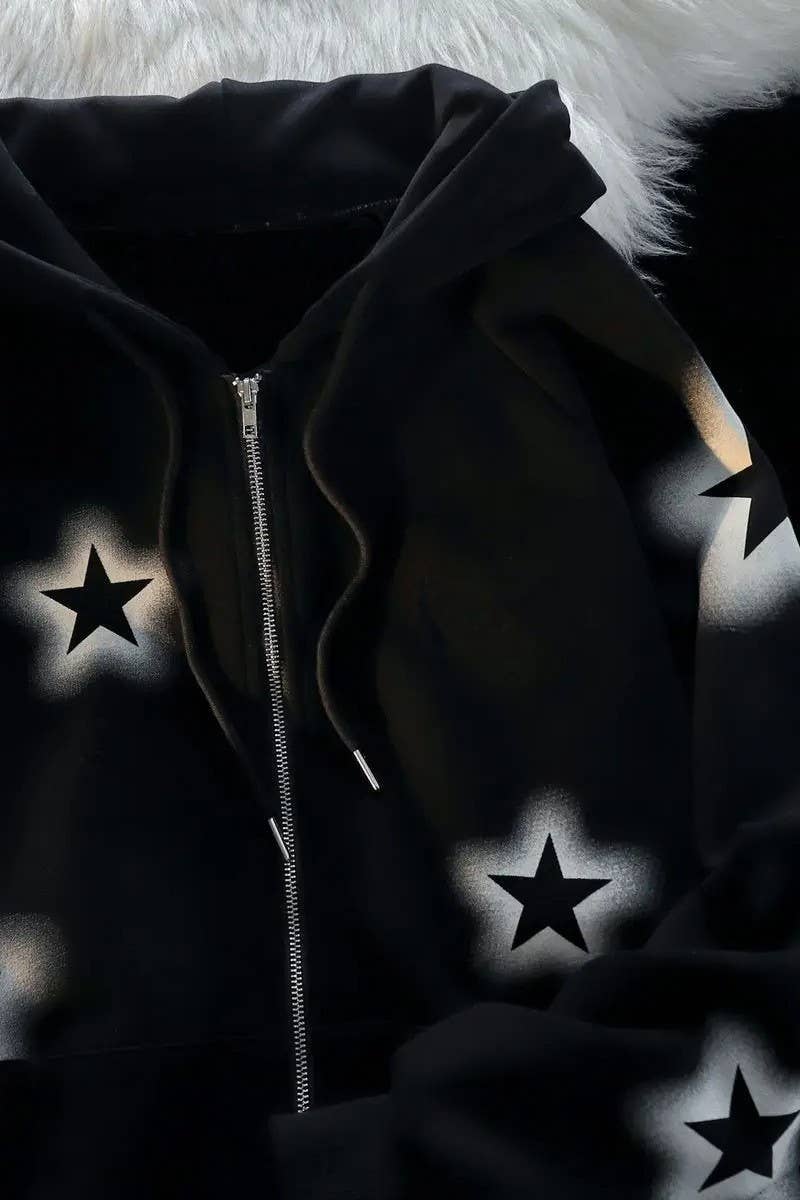 CWOCO1185_STAR PRINT LOOSE CASUAL ZIP-UP HOODED JACKET