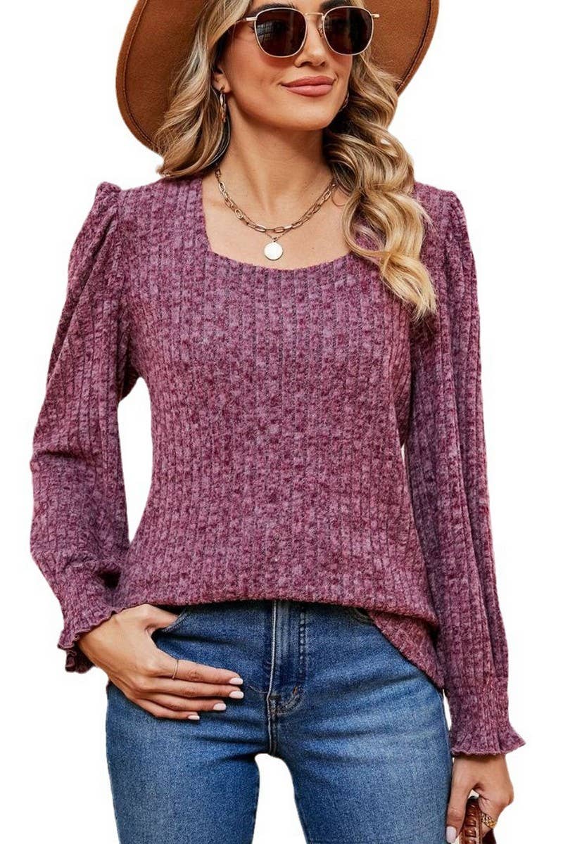 CWTBLL2404_SQUARE NECK LONG SLEEVE RIBBED RUFFLE SLEEVE TOP