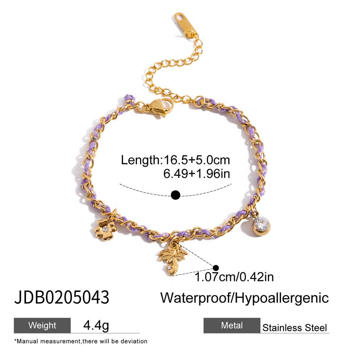 Romantic 18K Gold Clover & Palm Charm Bracelet