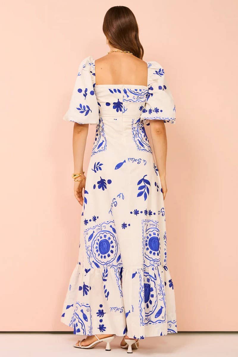 CWDMD6097_OFF SHOULDER PRINT LANTERN SLEEVE PATCHWORK DRESS