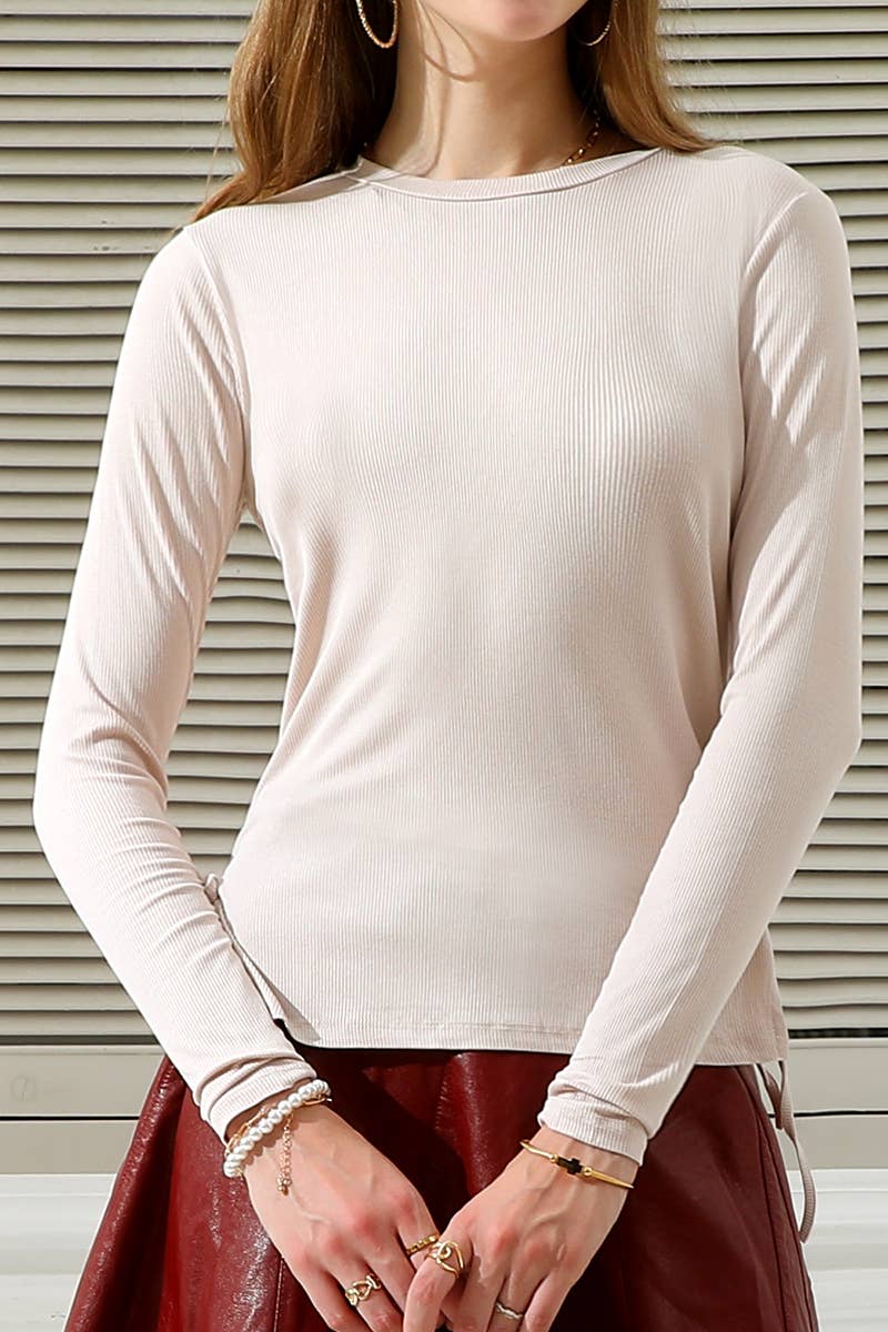 CWTTL1104_LONG SLEEVE CREW NECK LACE-UP STRING SHIRRING TOP