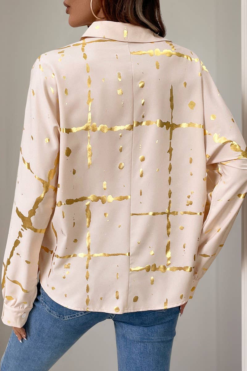 CWTSTL1869_LOOSE LONG-SLEEVED LAPEL GOLD-STAMPED SHIRT