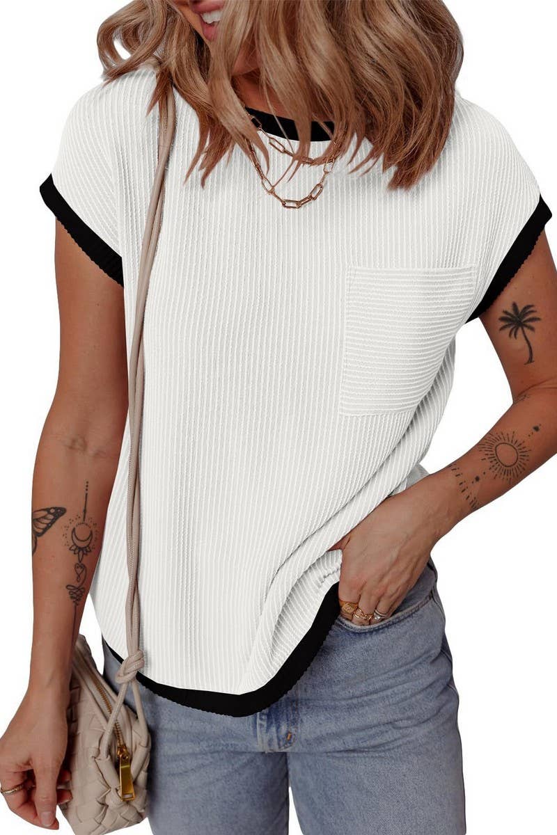 CWTBLS1772_RIBBED POCKET KNIT SHORT SLEEVE T-SHIRT TOP