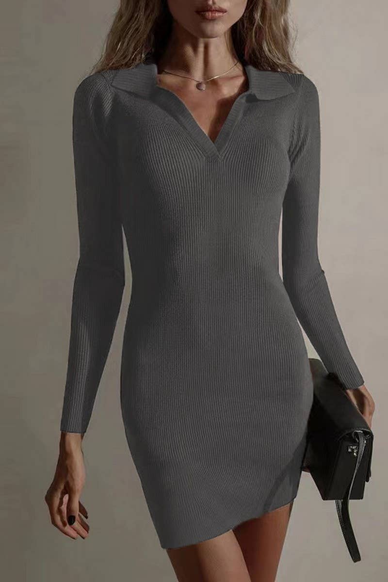 CWDSD7461_LAPEL RIBBED KNIT LONG SLEEVE BOTTOMING DRESS