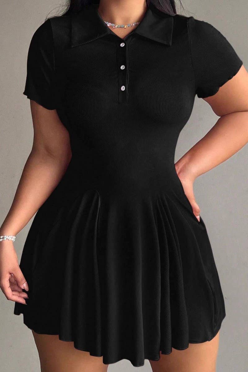 CWDSD10876_SOLID COLOR POLO COLLAR SHORT SLEEVE DRESS