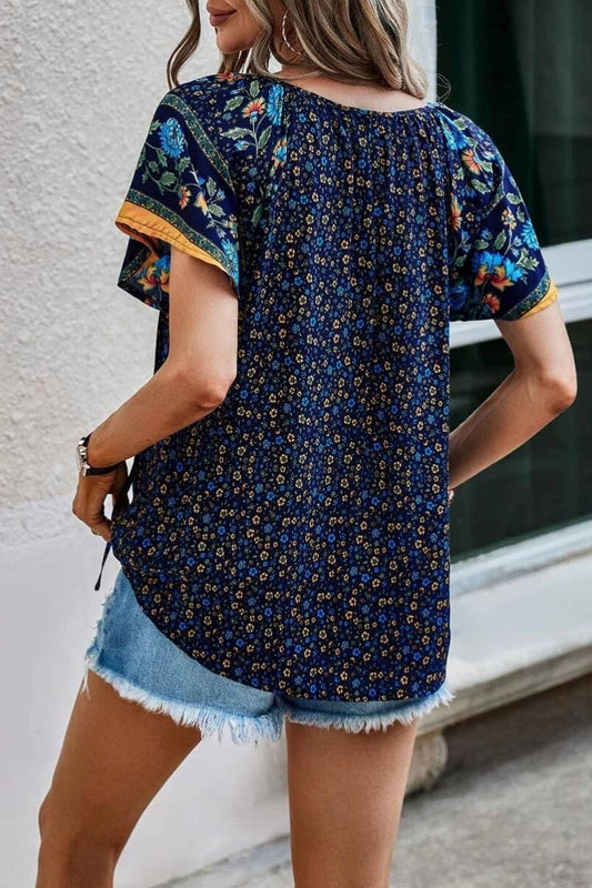 CWTBLS1117_CASUAL BOHO V-NECK SHORT-SLEEVED SHIRT TOP