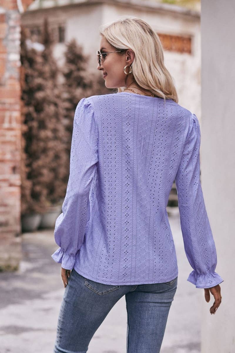 CWTBLL2739_SOLID COLOR HOLLOW LACE LONG-SLEEVED TOP