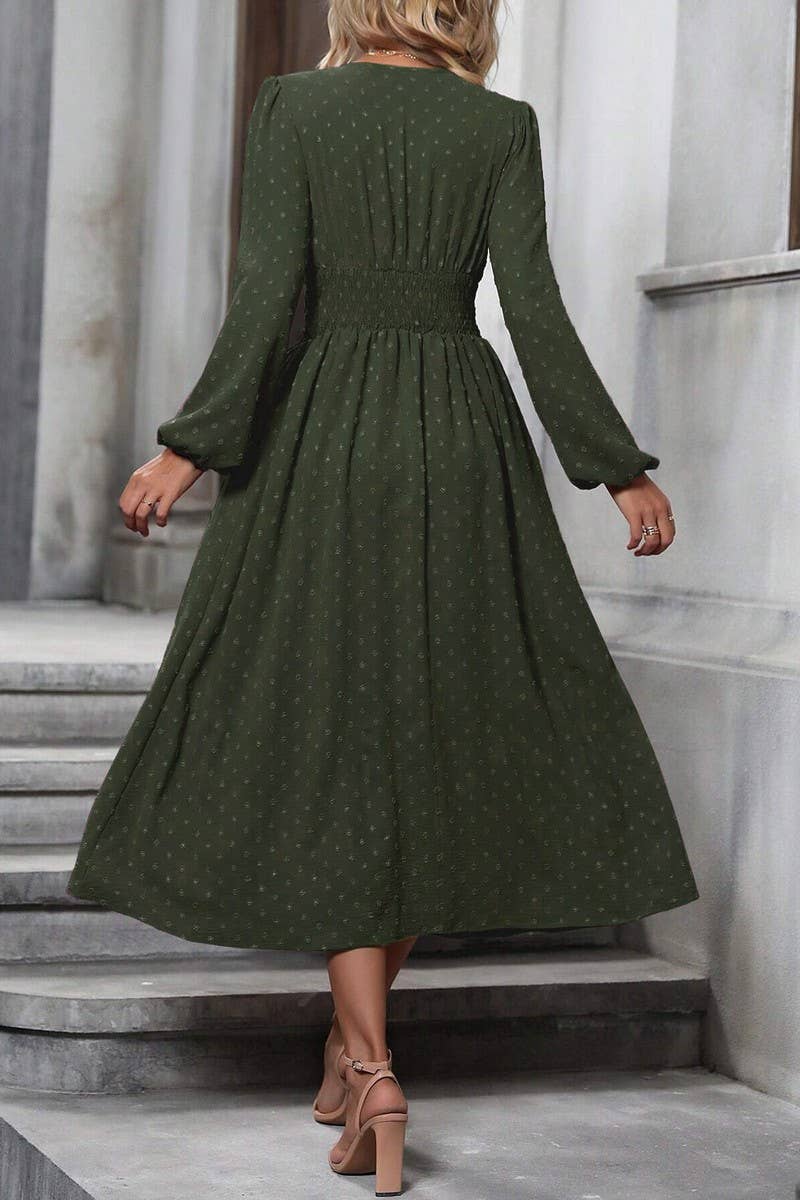 CWDMD3949_SLANTED NECK BALLOON SLEEVES PLEATED WAIST DRESS