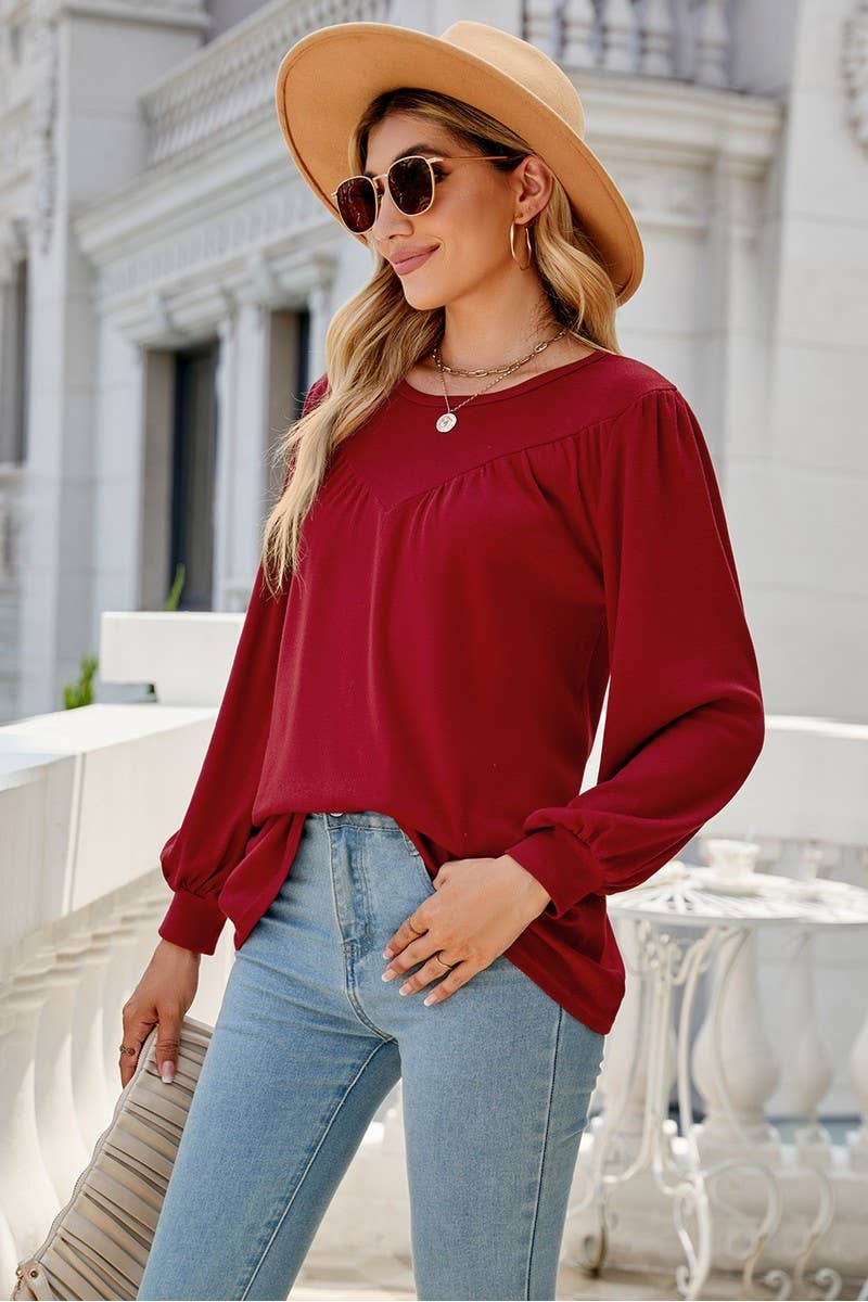 CWTBLL3690_LOOSE CREW NECK CASUAL PLEATED TOP