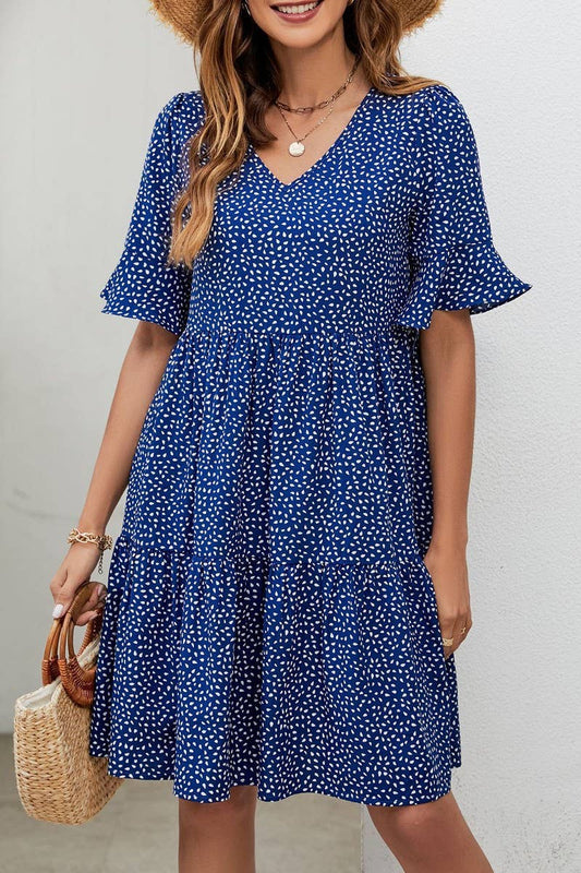 CWDSD2700_V-Neck Short-Sleeved Layered A-Line Dress