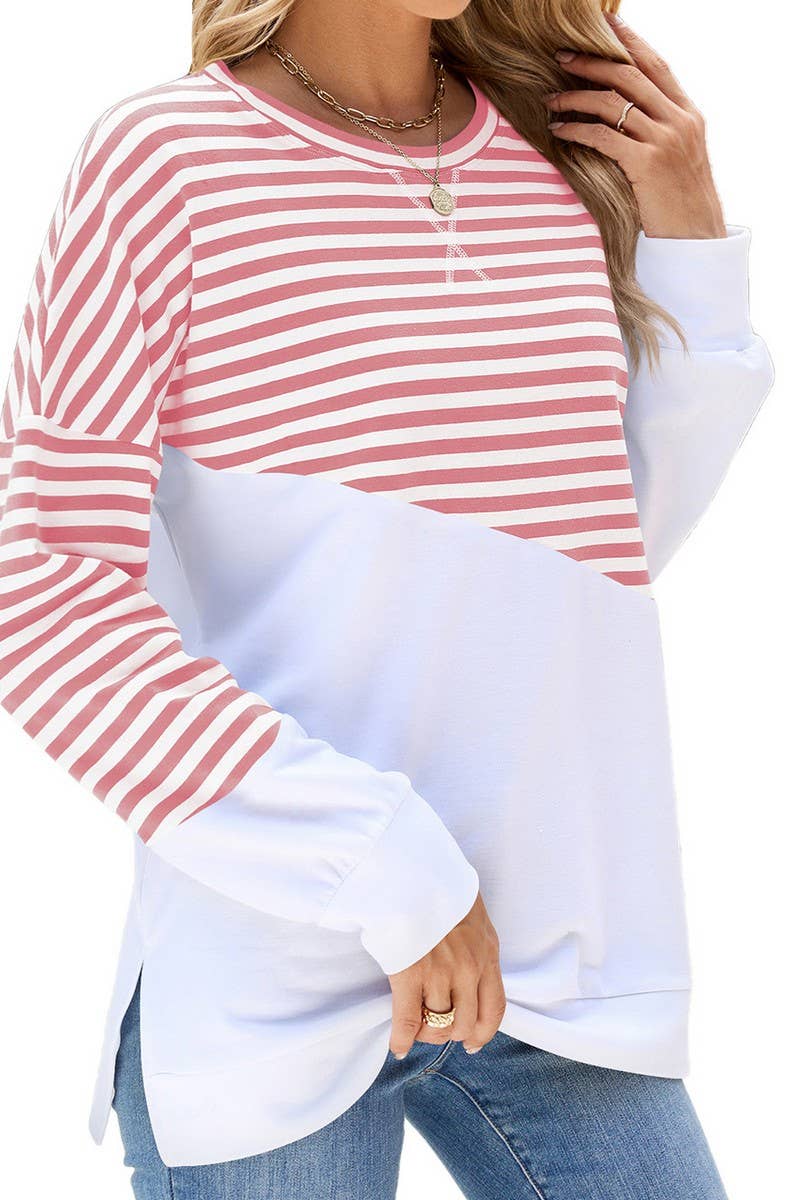CWTBLL2368_ROUND NECK SLIT CONTRAST STRIPE SWEATSHIRT
