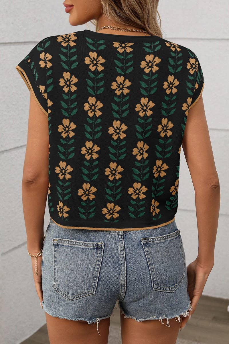 CWTBLS1714_NAVEL-BARING COLOR-BLOCK KNITTED FLOWER SWEATER