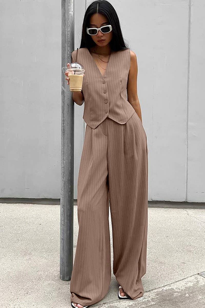 CWSJB0055_RETRO V-NECK STRIPED SUIT TWO-PIECE SUIT