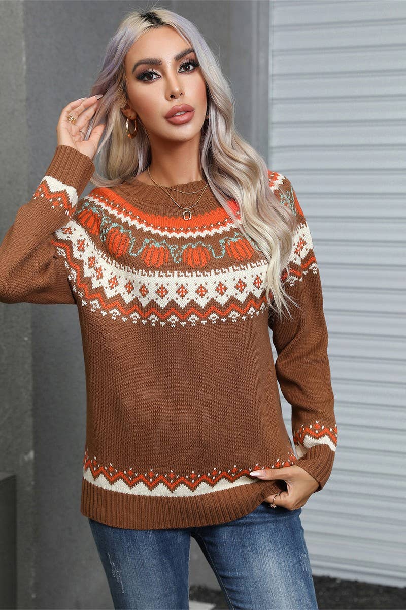 CWOSWL5755_HALLOWEEN CREW NECK FESTIVE KNIT SWEATER