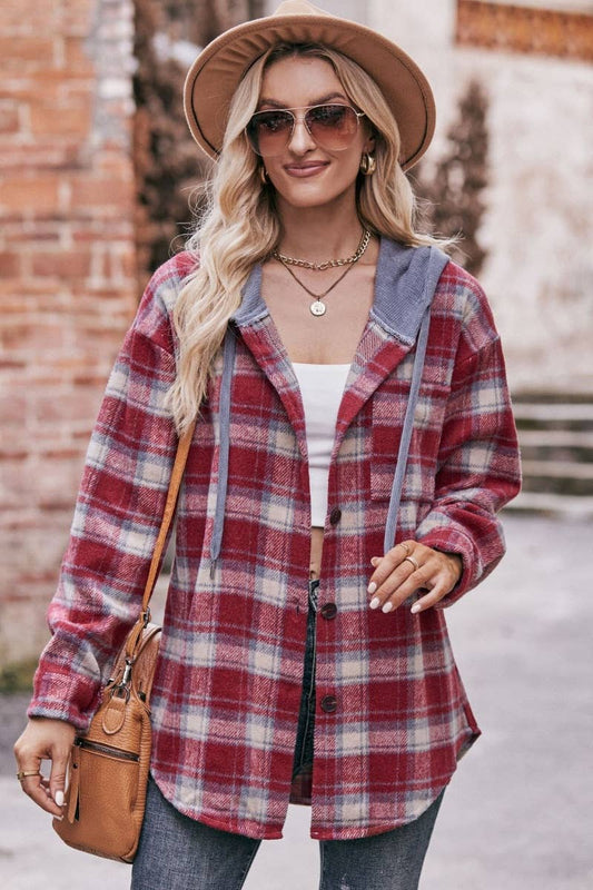 CWTSTL2181_FLANNEL PLAID HOODED LONG-SLEEVED SHIRT JACKET