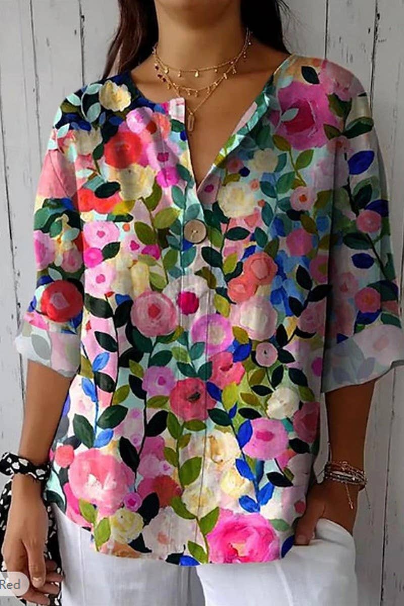 CWTBLL00715_BUTTONED V-NECK PRINTED CASUAL TOP T-SHIRT