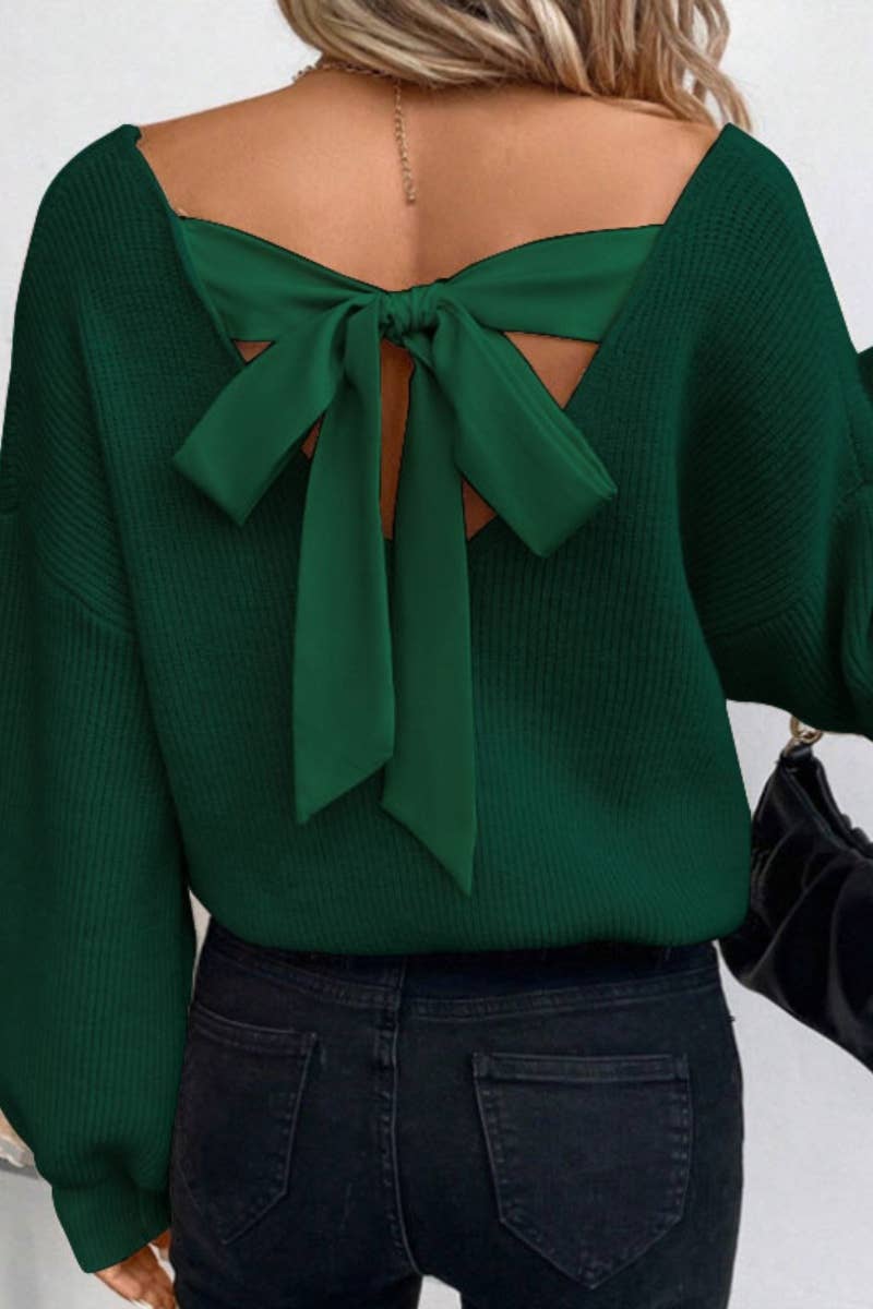 CWOSWL5207_SEXY V-NECK BACK LACE-UP LONG-SLEEVED SWEATER