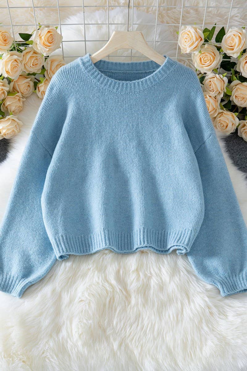 CWOSWL07452_LOOSE LANTERN SLEEVE CREW NECK KNIT SWEATER