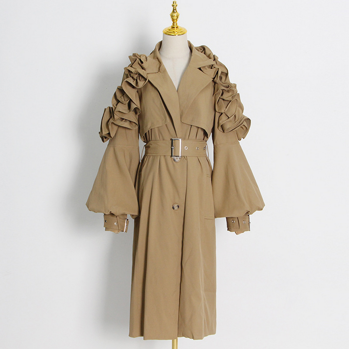 Trendy Belted Trench Coat with Ruffle & Patchwork