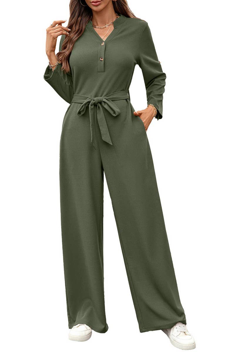 CWSJS00303_SOLID HIGH WAIST TIE BUTTON LONG SLEEVE JUMPSUIT