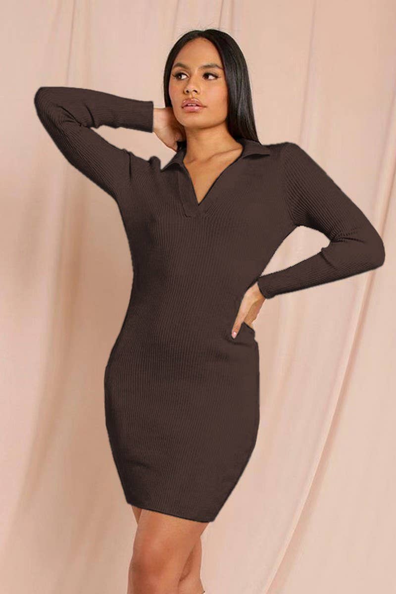CWDSD7461_LAPEL RIBBED KNIT LONG SLEEVE BOTTOMING DRESS