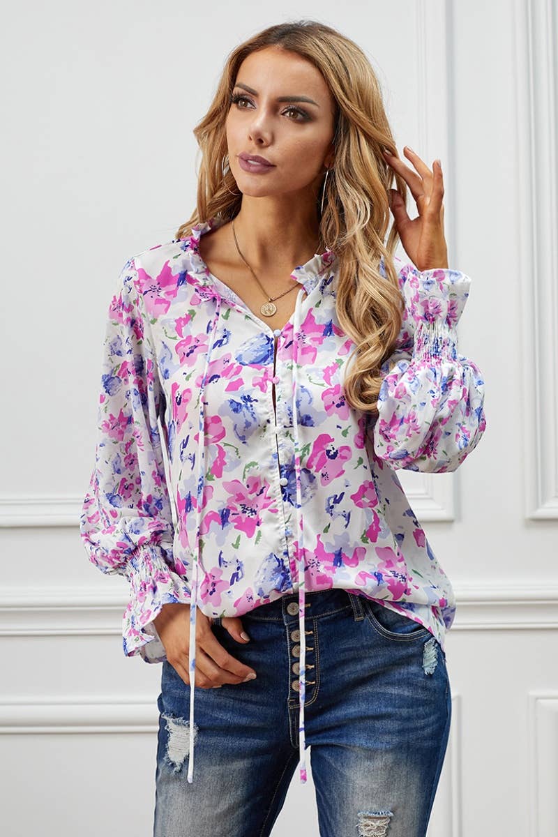 CWTBLL1151_FLORAL CHIFFON LONG SLEEVE V-NECK SHIRT TOP