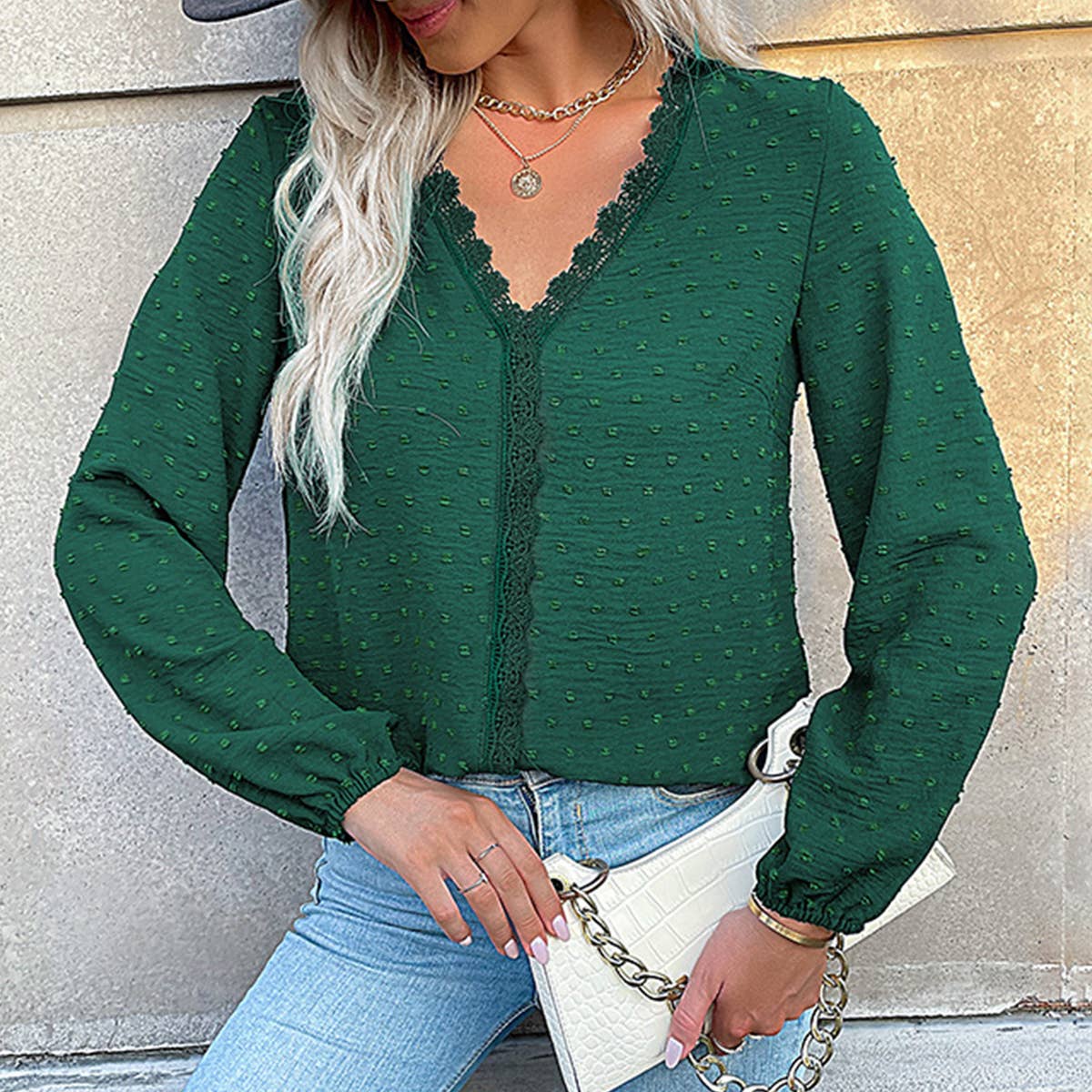 COMMUTER LONG SLEEVE LACE PATCHWORK V-NECK SHIRT