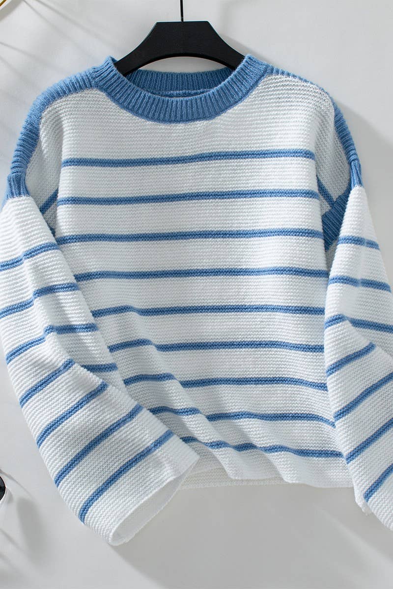 CWOSWL07061_BLACK AND WHITE STRIPED PULLOVER KNIT SWEATER