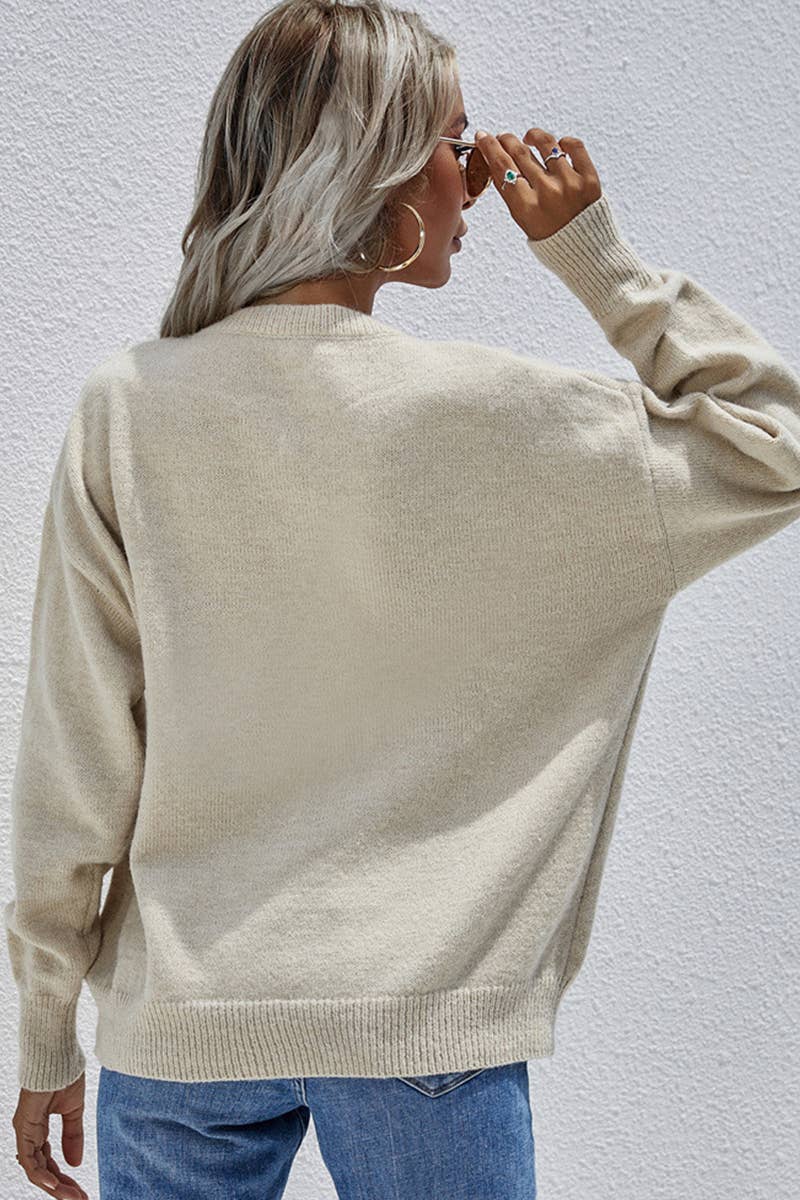 CWTTL1071  Loose V Neck Button Tops Pullover Sweater