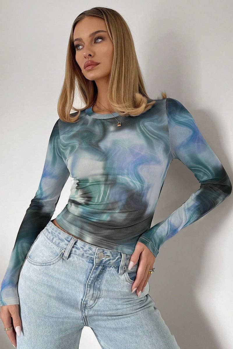 CWTBLL3522_PRINTED CREW NECK MESH LONG SLEEVE TOP
