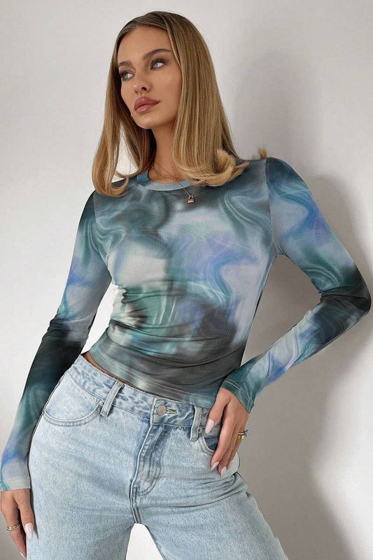 CWTBLL3522_PRINTED CREW NECK MESH LONG SLEEVE TOP