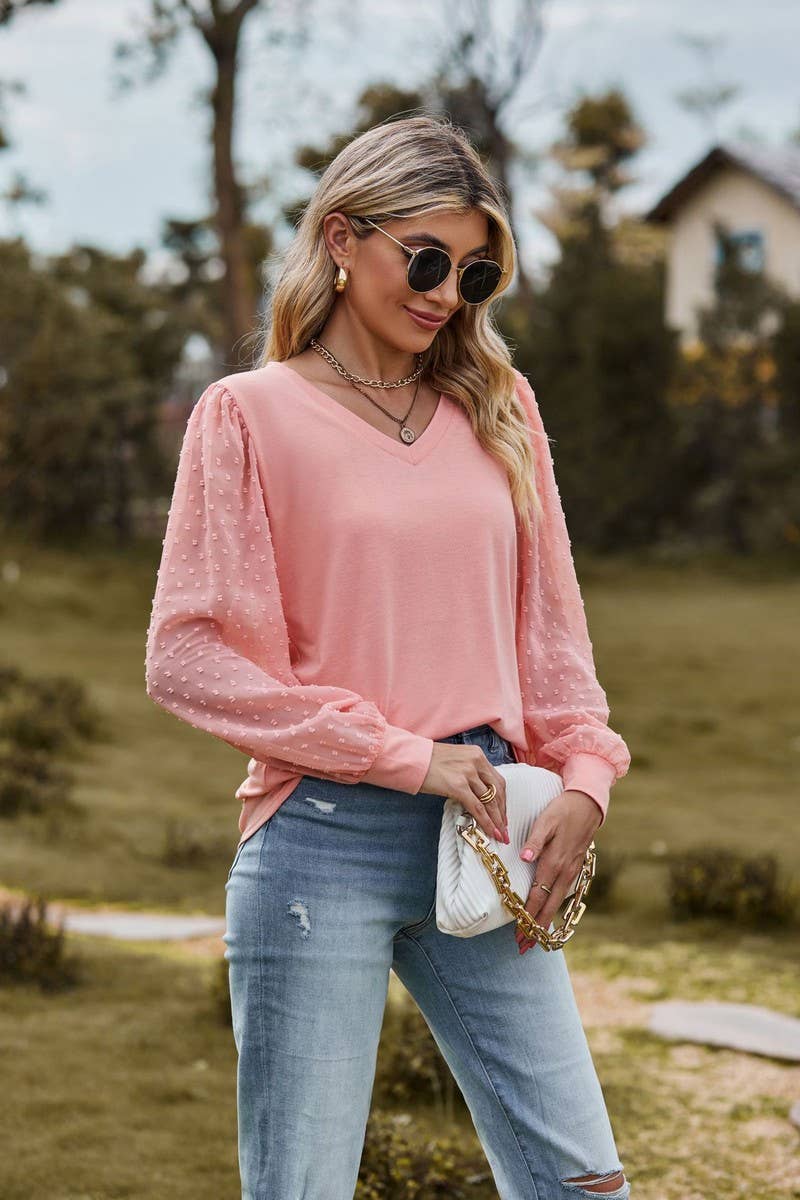 CWTBLL1047_LONG-SLEEVED V-NECK MESH PATCHWORK LOOSE TOP