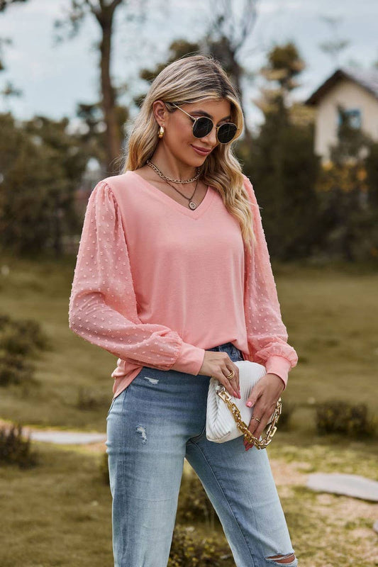 CWTBLL1047_LONG-SLEEVED V-NECK MESH PATCHWORK LOOSE TOP