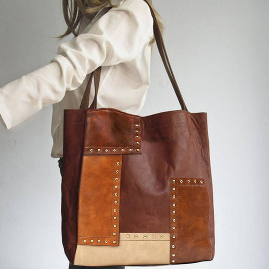 WOMEN RIVET CONTRAST SPLICING ONE SHOULDER HANDBAG_CWAB0564
