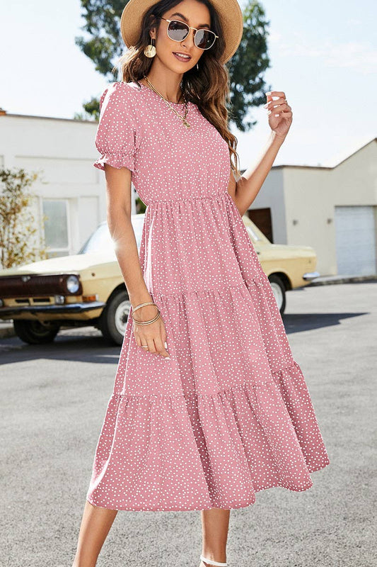 CWDMD1236_Round neck Tiered Detailed Short Sleeve Dress