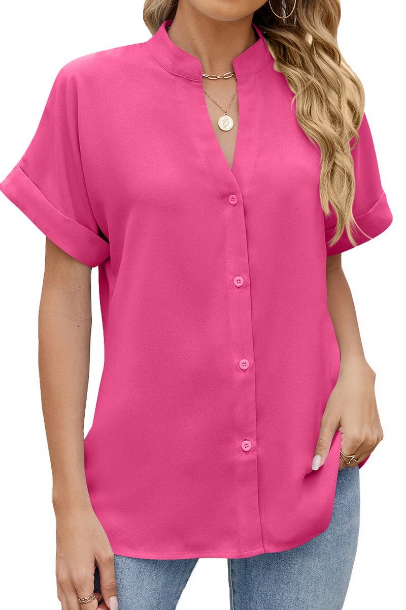 CWTBLS2280_SOLID V-NECK BUTTON DOWN CASUAL SHIRT TEE TOP