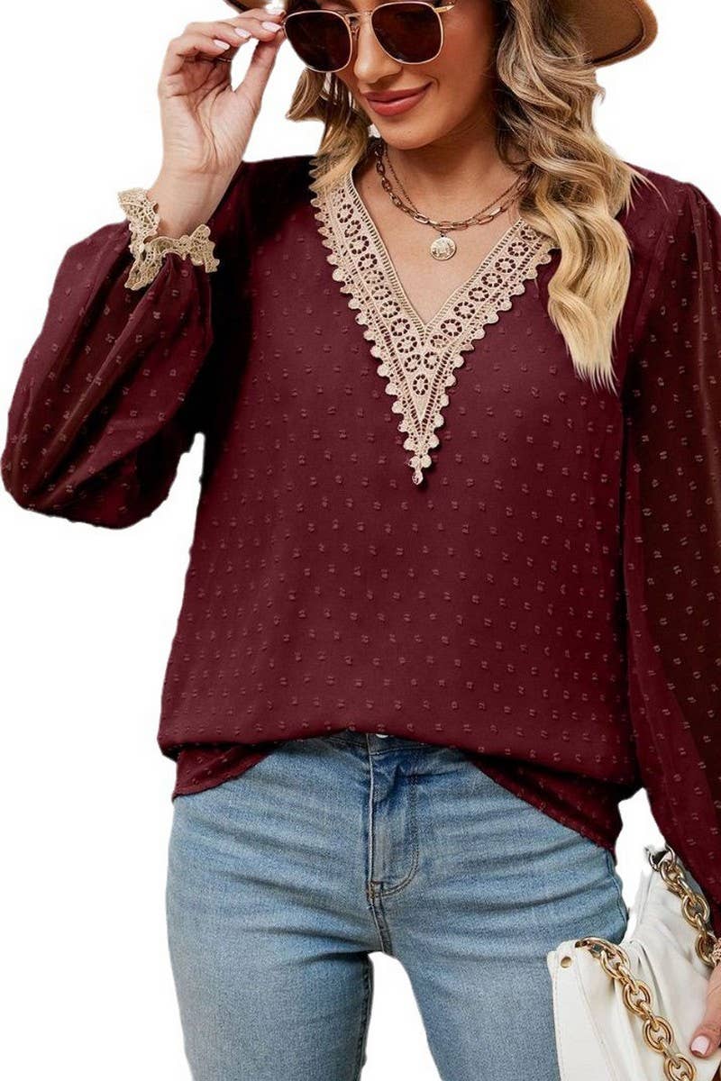 CWTBLL2386_JACQUARD V-NECK LONG-SLEEVED CHIFFON SHIRT TOP