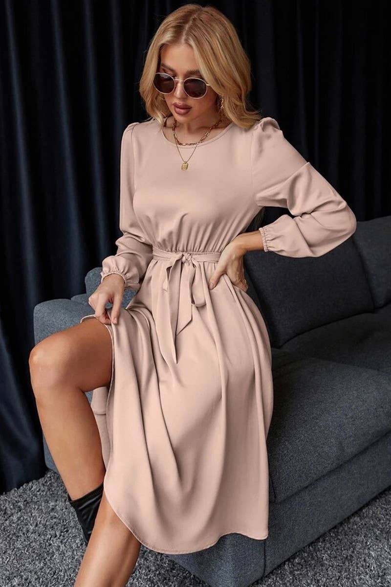 CWDMD5771_BALLOON SLEEVE KEYHOLE TIE BACK SATIN DRESS