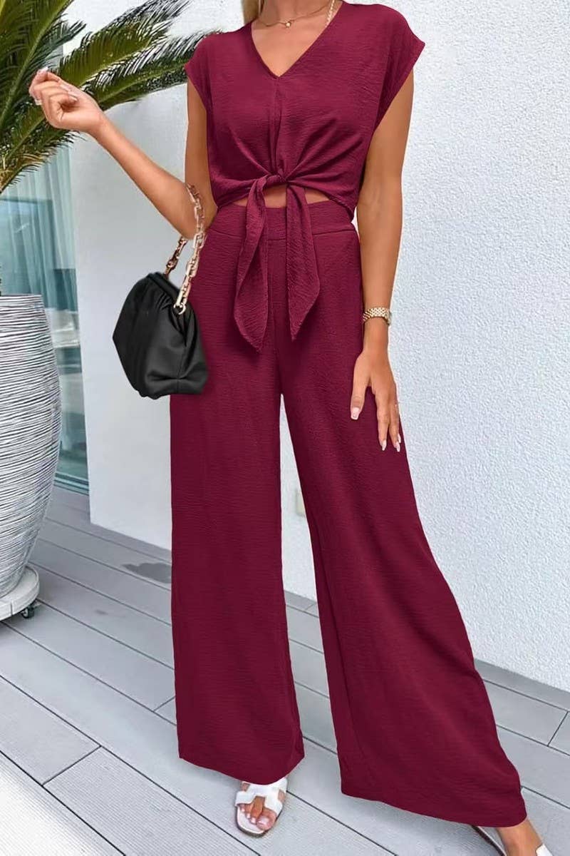 CWSS1217_V-NECK TIE CROP TOP HIGH WAIST SLIM WIDE LEG PANTS