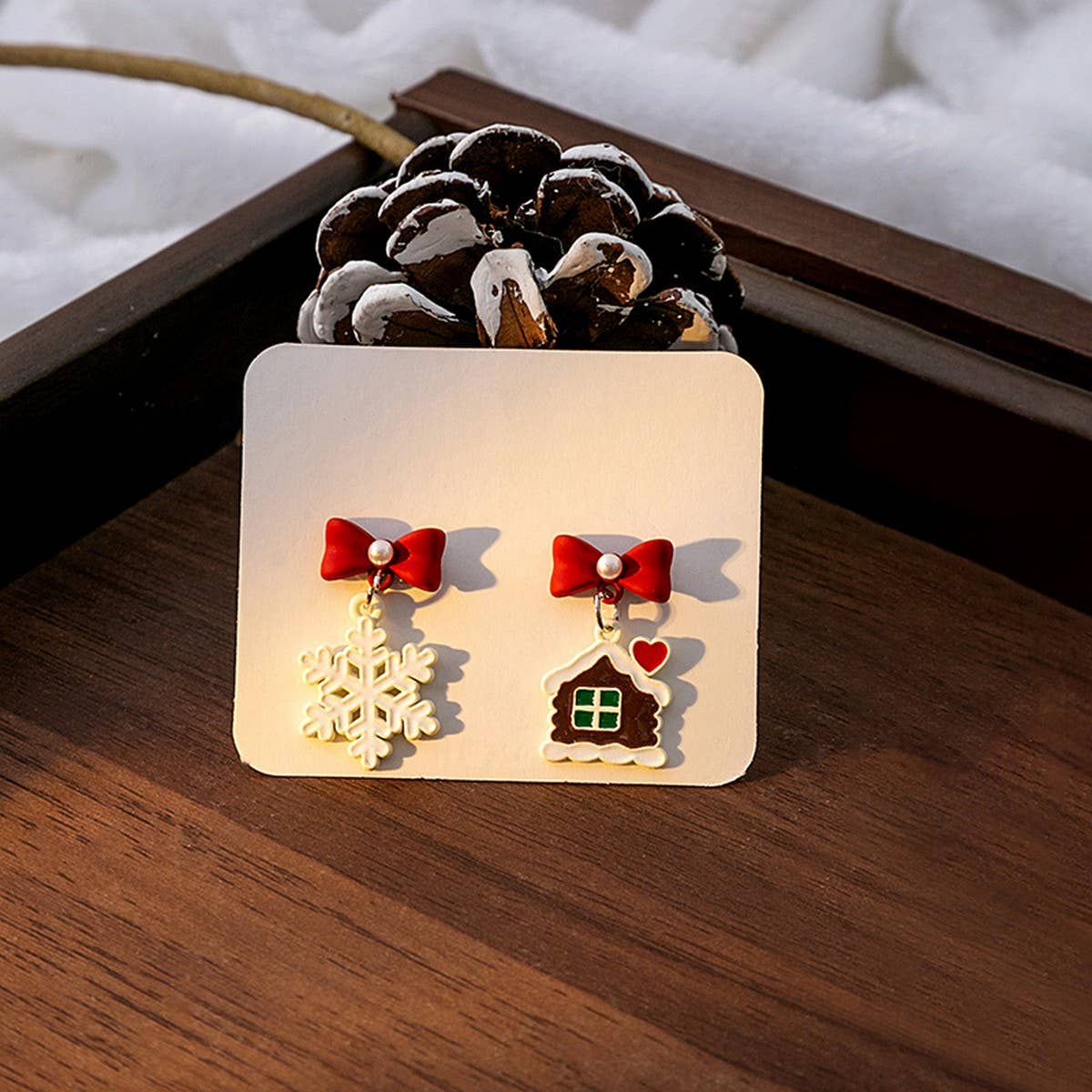 CHRISTMAS ELK BELL BOW ASYMMETRICAL EARRINGS