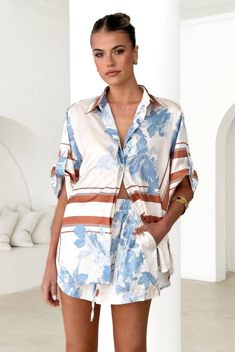 CWSS1206_SUMMER FASHION CASUAL PRINTED SHIRT SHORTS SET
